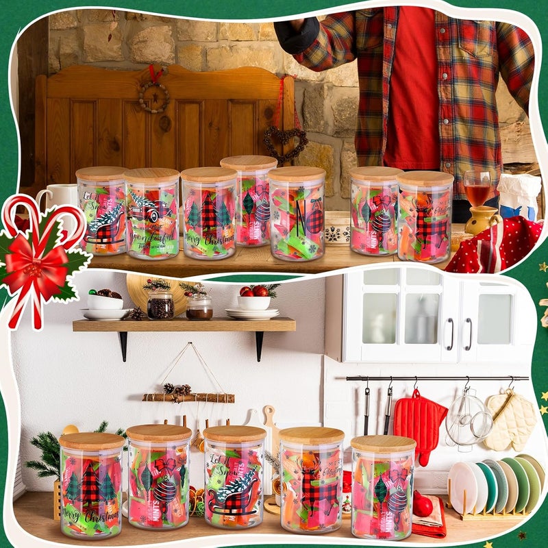 Shellwei 6 Pcs Christmas Glass Storage Jar with Airtight Bamboo Lid Buffalo Plaid Canister Sets Christmas Tree Sled Cookie Jars Candy Storage 19oz for Kitchen Containers Countertop Decoration - Image 5